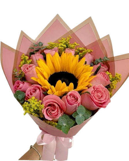 Ramo de 12 Rosas y 1 Girasol